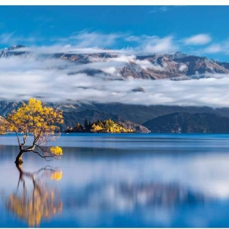 Zlaté odrazy jazera Wanaka - Panoramatické puzzle